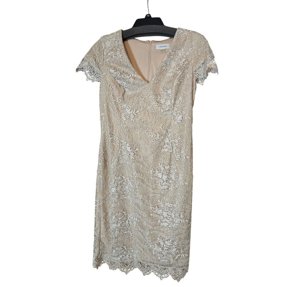 Calvin Klein Champagne Floral Lace Sequin V-Neck Sheath Dress Size 8